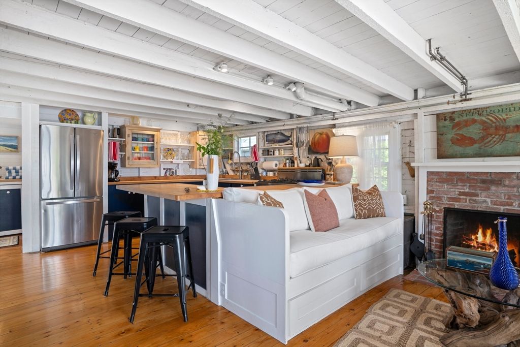 Fireplace, Interior, Kitchen, Stainless Steel Appliances, Wood Texture Flooring