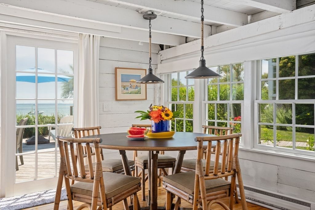 Dining room, Interior, Pendant Lights, Water, Wood Texture Flooring