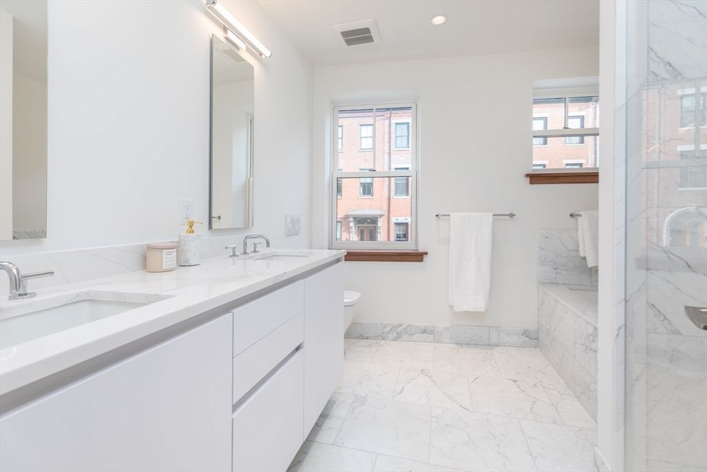 Bathroom, Dual Sink Vanities, Interior, Marble, Marble Walls, Recessed Lighting