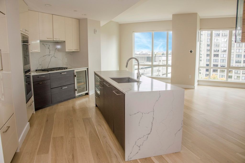 Interior, Kitchen, Marble Walls, Recessed Lighting, Wood Texture Flooring