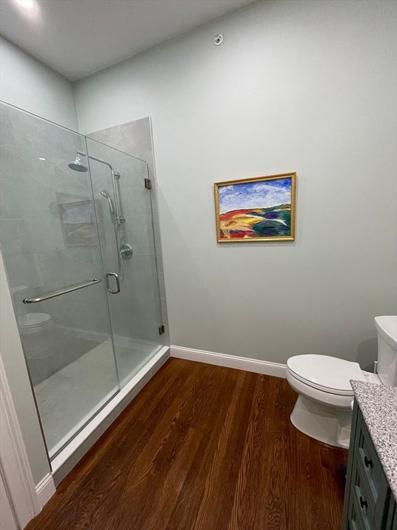 Bathroom, Glass Shower, Interior, Recessed Lighting, Wood Texture Flooring
