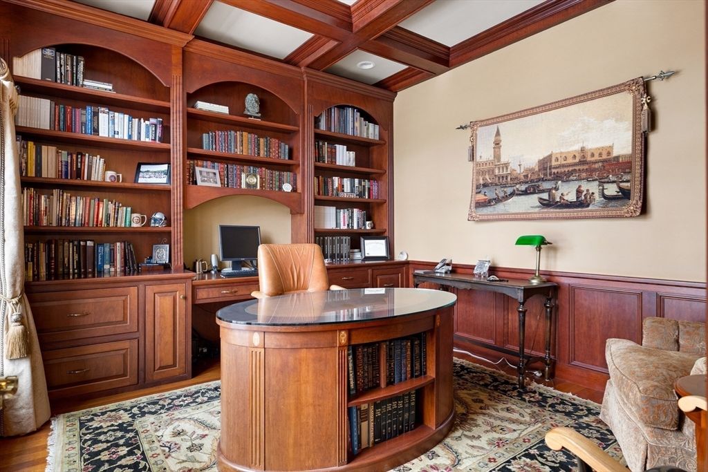 Home Office, Interior, Recessed Lighting, Wooden Beams, Wood Texture Flooring