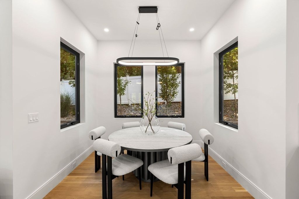 Dining room, Interior, Pendant Lights, Recessed Lighting, Wood Texture Flooring