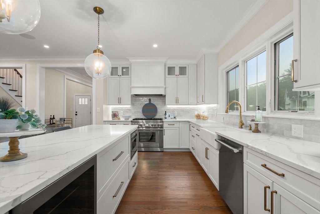 Interior, Kitchen, Pendant Lights, Recessed Lighting, Stainless Steel Appliances, Wood Texture Flooring