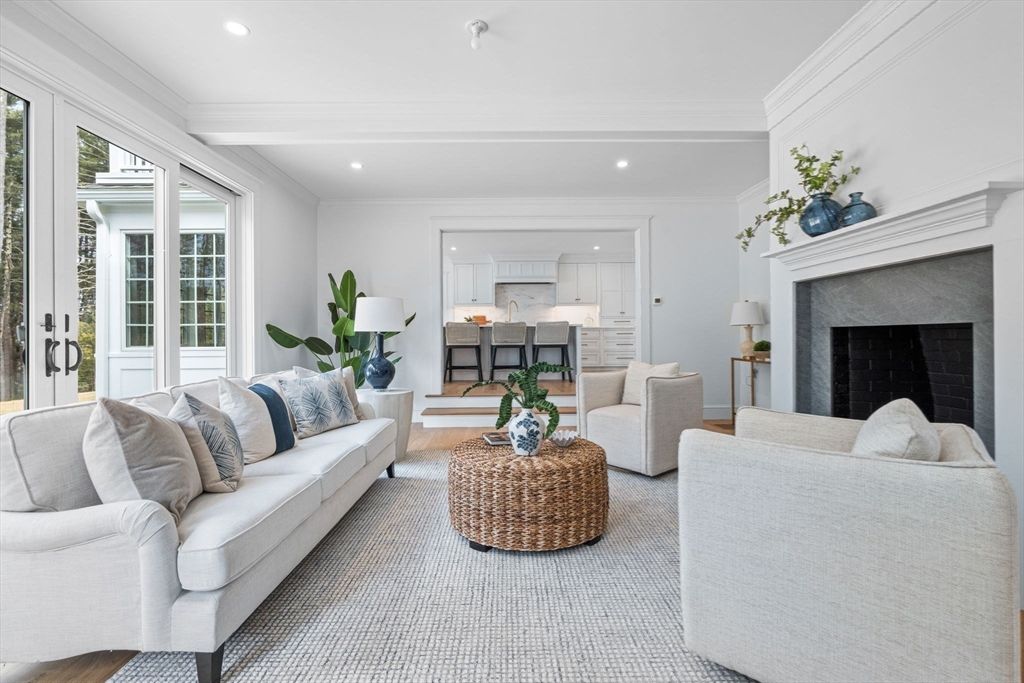 Fireplace, Interior, Kitchen, Living room, Recessed Lighting, Wood Texture Flooring