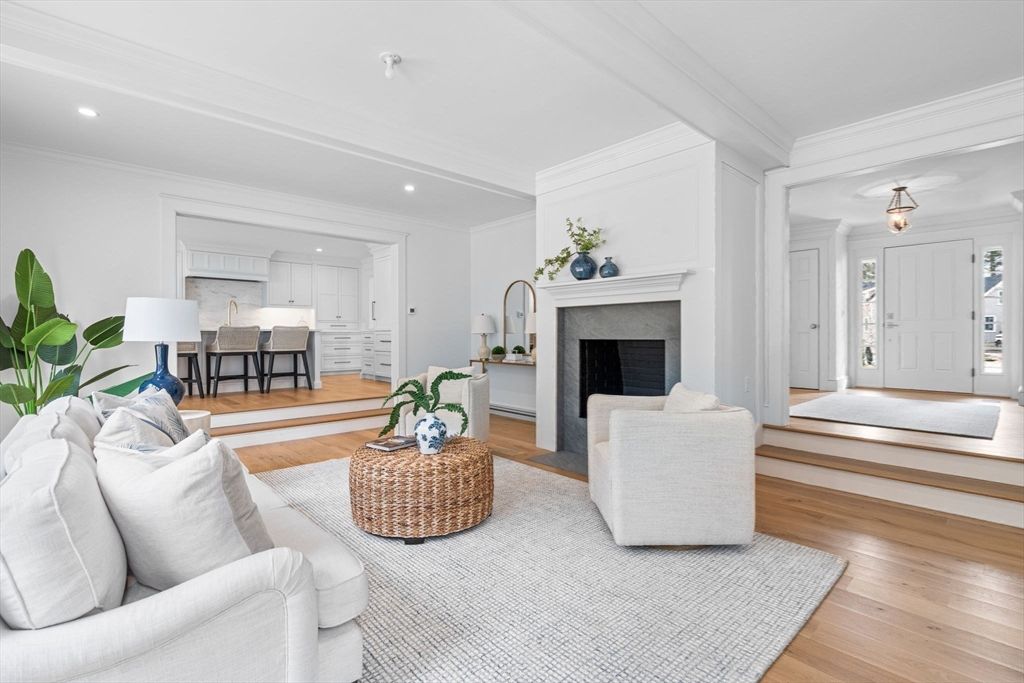 Fireplace, Interior, Living room, Recessed Lighting, Wood Texture Flooring
