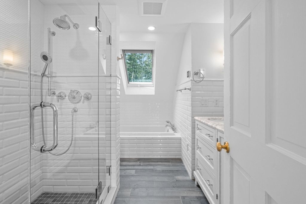 Bathroom, Glass Shower, Interior, Recessed Lighting, Wood Texture Flooring