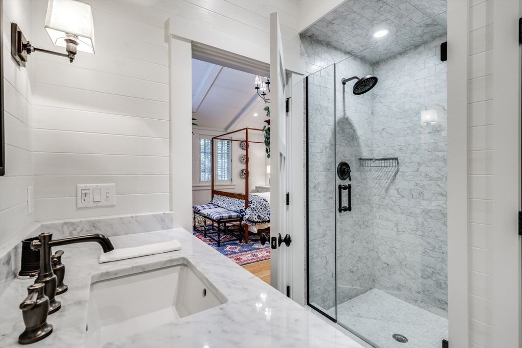 Bathroom, Glass Shower, Interior, Marble Walls, Recessed Lighting