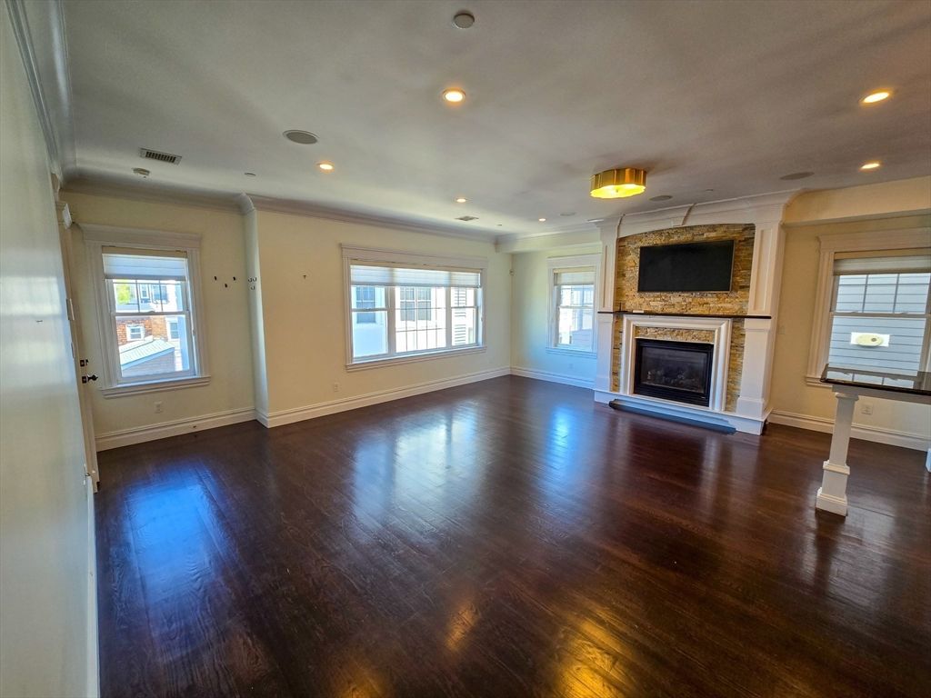 Empty room, Fireplace, Interior, Recessed Lighting, Wood Texture Flooring