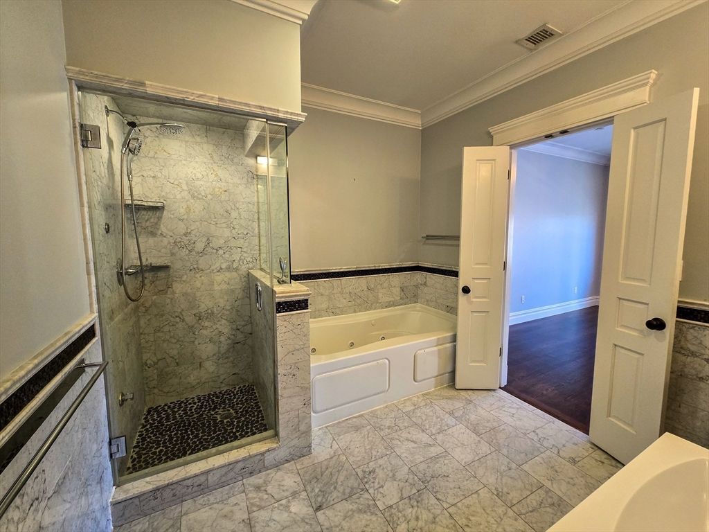 Bathroom, Glass Shower, Interior, Marble, Marble Walls, Wood Texture Flooring