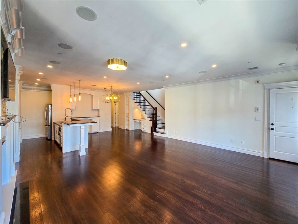 Empty room, Interior, Kitchen, Pendant Lights, Recessed Lighting, Wood Texture Flooring