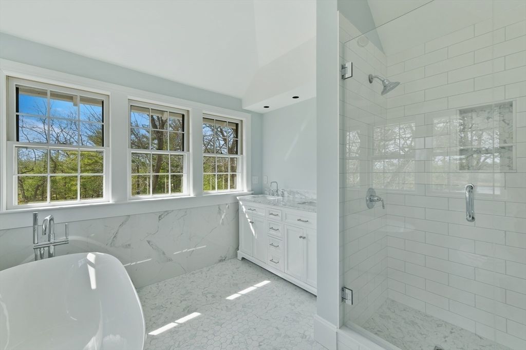 Bathroom, Free Standing Baths, Glass Shower, Interior, Marble, Marble Walls