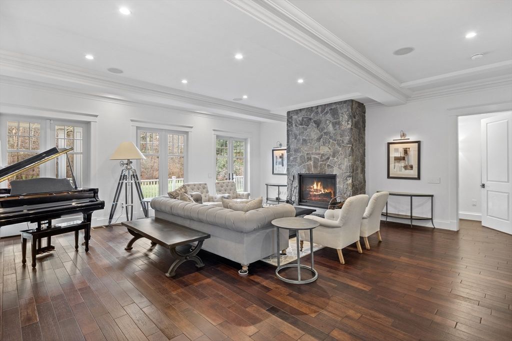 Fireplace, Interior, Living room, Piano, Recessed Lighting, Wood Texture Flooring