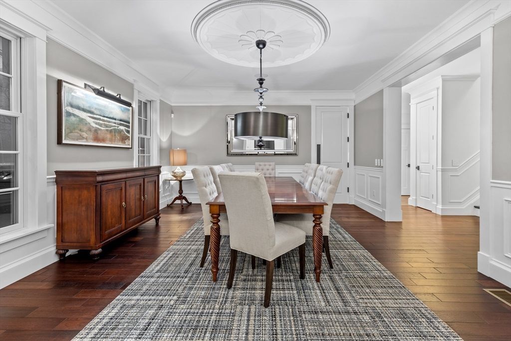 Dining room, Interior, Pendant Lights, Wood Texture Flooring