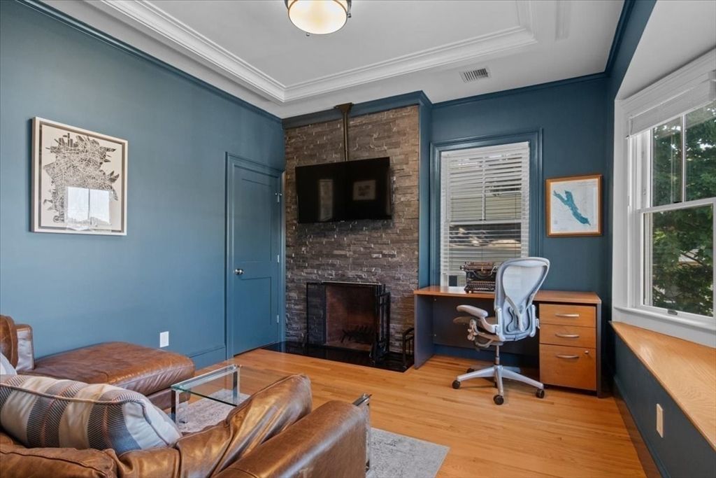 Fireplace, Home Office, Interior, Stone Walls, Wood Texture Flooring