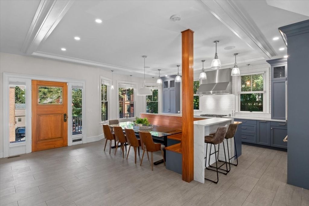 Dining room, Interior, Kitchen, Pendant Lights, Recessed Lighting, Stainless Steel Appliances, Wood Texture Flooring