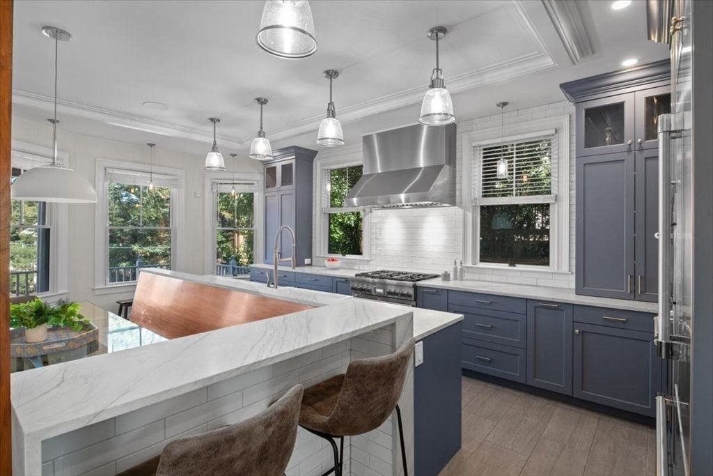 Interior, Kitchen, Pendant Lights, Recessed Lighting, Stainless Steel Appliances, Wood Texture Flooring