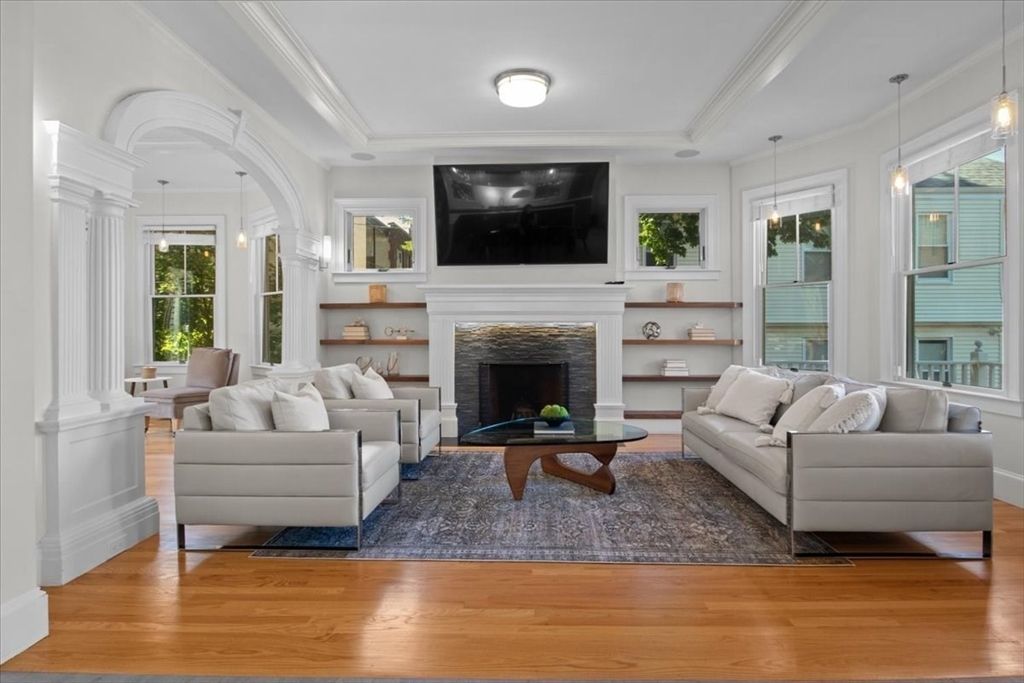 Fireplace, Interior, Living room, Pendant Lights, Wood Texture Flooring