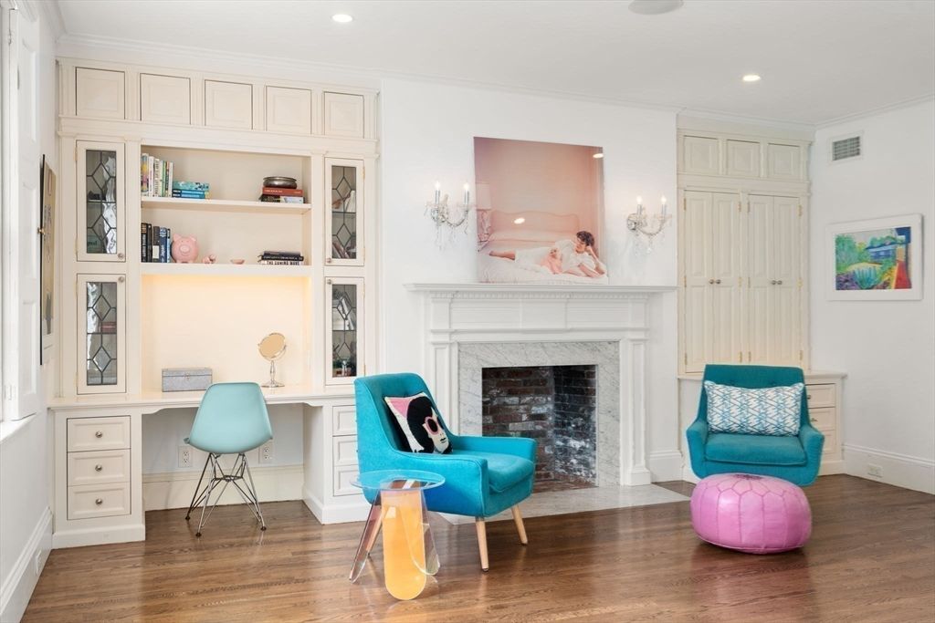 Fireplace, Home Office, Interior, Recessed Lighting, Wood Texture Flooring