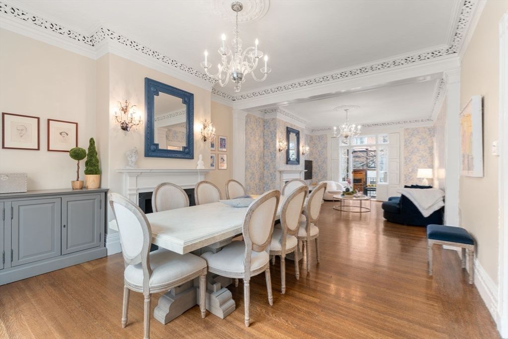 Chandelier, Dining room, Fireplace, Interior, Living room, Wood Texture Flooring