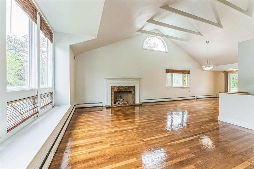 Empty room, Fireplace, Interior, Pendant Lights, Wood Texture Flooring