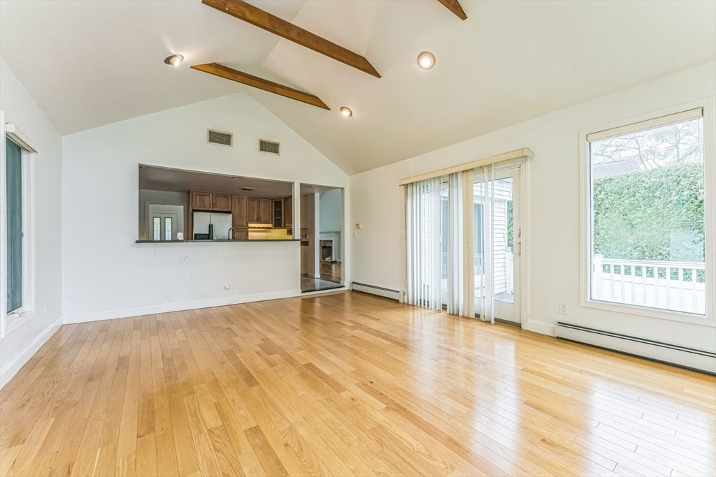 Empty room, Interior, Kitchen, Recessed Lighting, Wooden Beams, Wood Texture Flooring