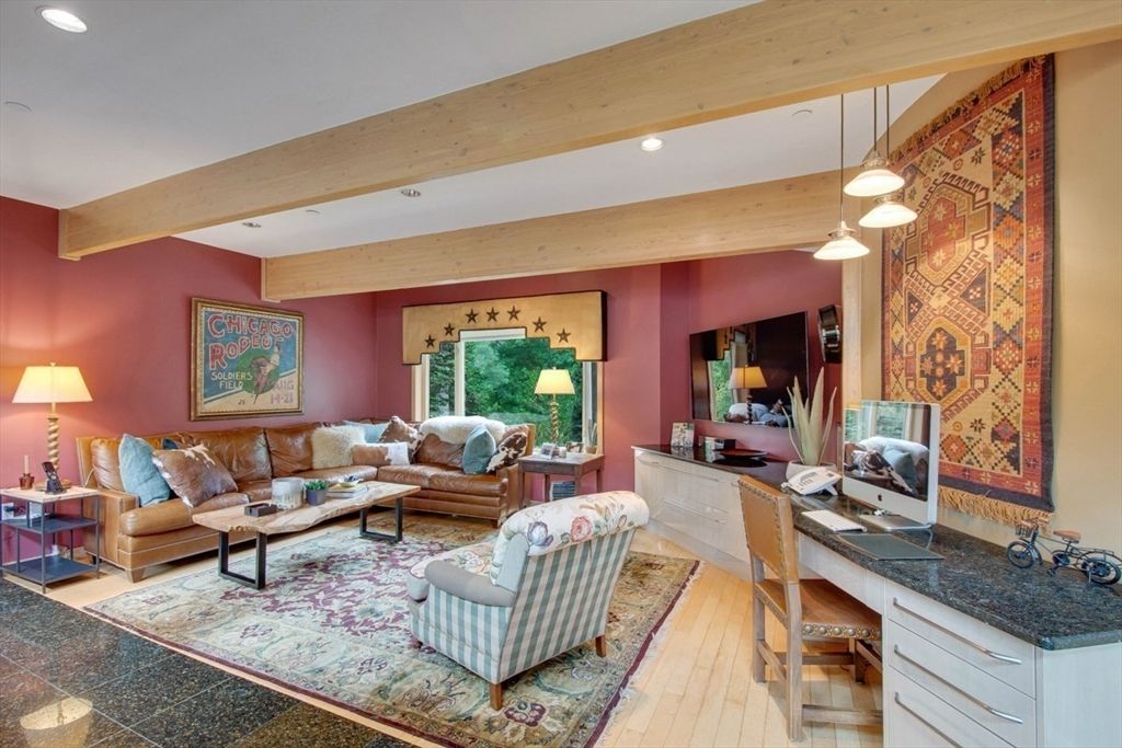 Interior, Living room, Pendant Lights, Recessed Lighting, Wooden Beams, Wood Texture Flooring