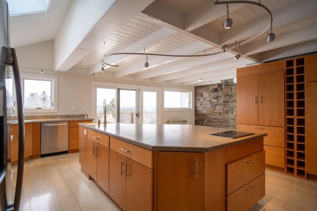Interior, Kitchen, Stainless Steel Appliances, Stone Walls, Wood Texture Flooring