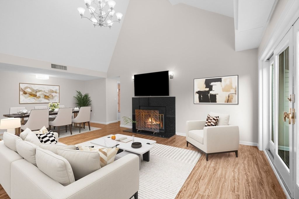 Chandelier, Dining room, Fireplace, Interior, Living room, Wood Texture Flooring