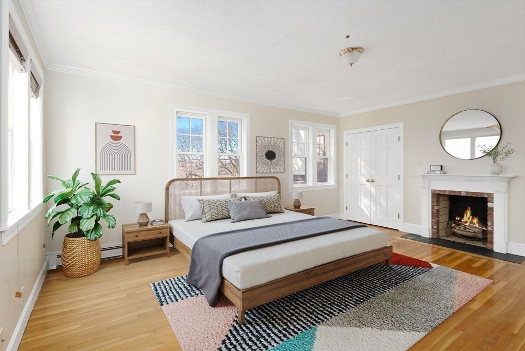 Bedroom, Fireplace, Interior, Wood Texture Flooring