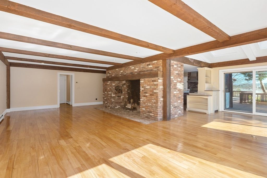 Empty room, Fireplace, Interior, Wooden Beams, Wood Texture Flooring