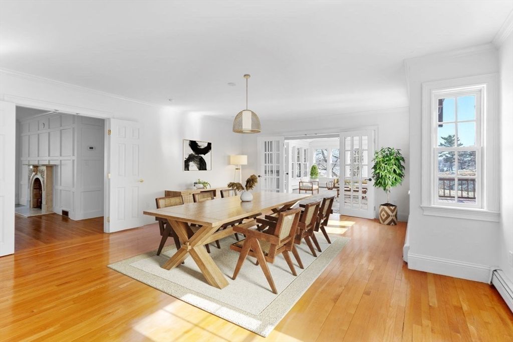 Dining room, Interior, Pendant Lights, Wood Texture Flooring