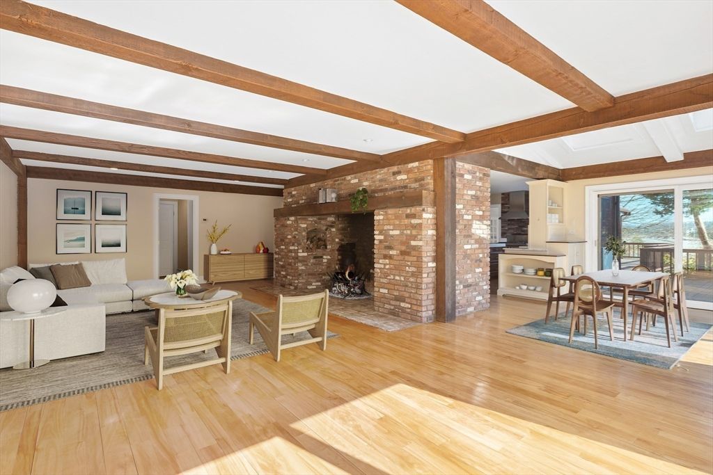 Dining room, Fireplace, Interior, Living room, Stone Walls, Wooden Beams, Wood Texture Flooring