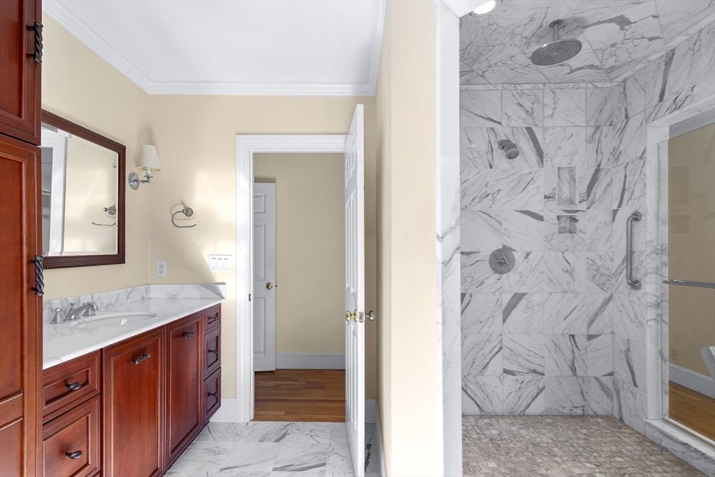 Bathroom, Interior, Marble, Marble Walls, Wood Texture Flooring