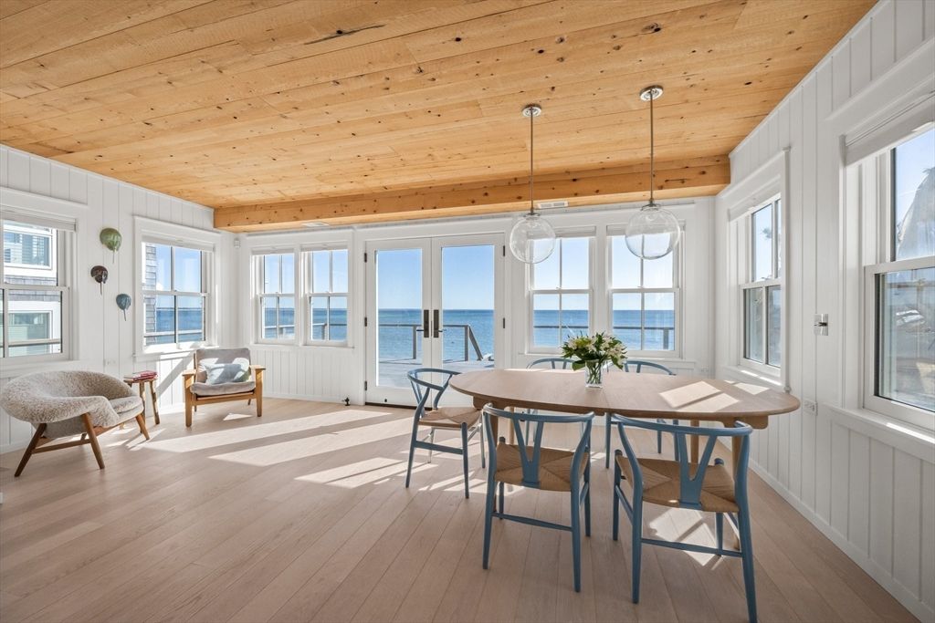 Dining room, Interior, Pendant Lights, Water, Wooden Ceilings, Wood Texture Flooring