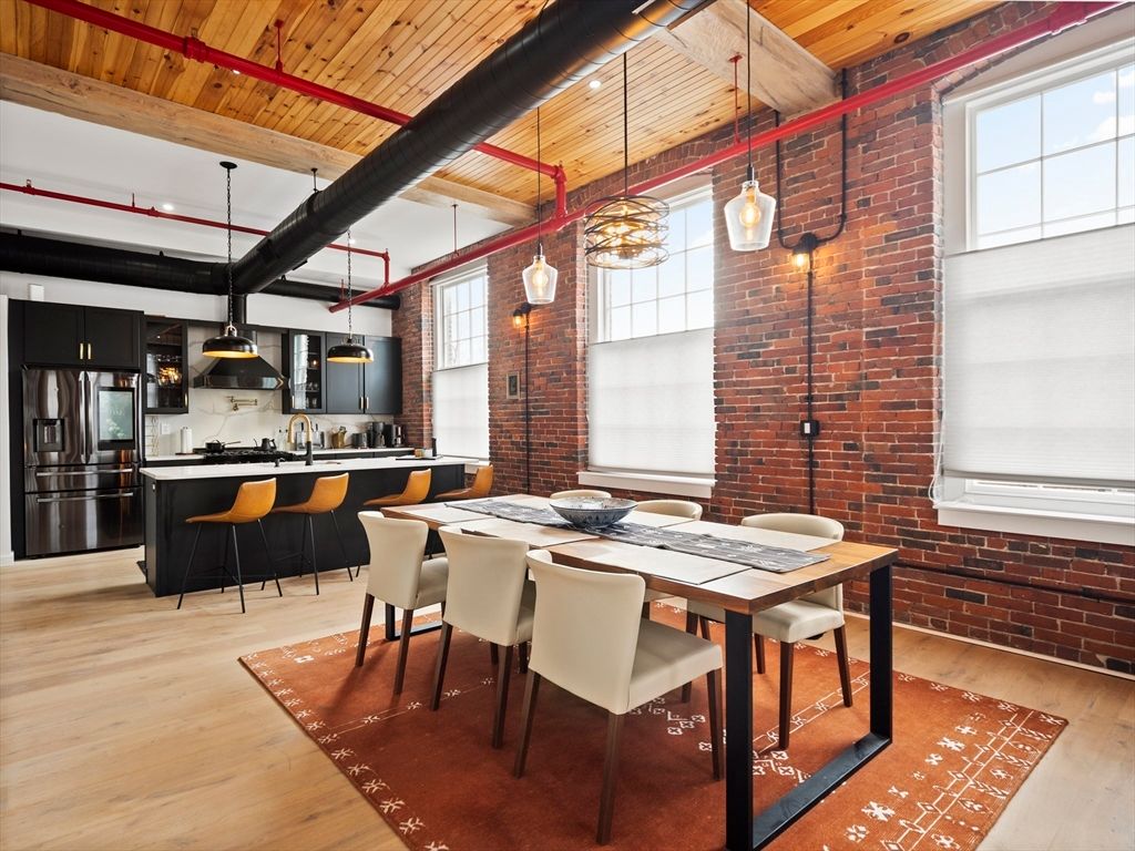 Dining room, Interior, Kitchen, Pendant Lights, Stainless Steel Appliances, Stone Walls, Wooden Beams, Wooden Ceilings, Wood Texture Flooring
