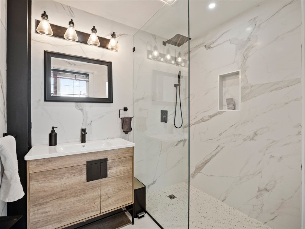 Bathroom, Glass Shower, Interior, Marble Walls, Recessed Lighting