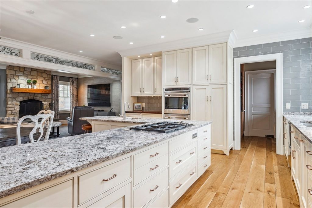 Interior, Kitchen, Recessed Lighting, Stainless Steel Appliances, Stone Walls, Wood Texture Flooring