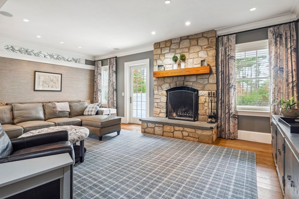 Fireplace, Interior, Living room, Recessed Lighting, Stone Walls, Wood Texture Flooring