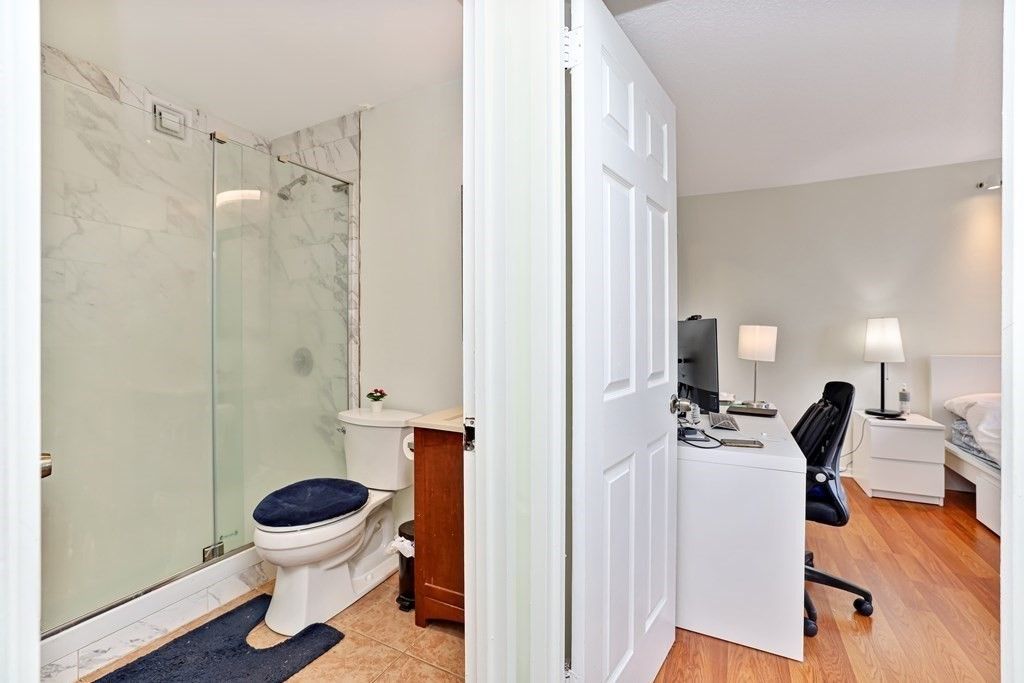Bathroom, Glass Shower, Home Office, Interior, Marble Walls, Wood Texture Flooring