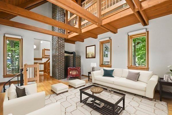 Fireplace, Interior, Living room, Pendant Lights, Wooden Beams, Wooden Ceilings, Wood Texture Flooring