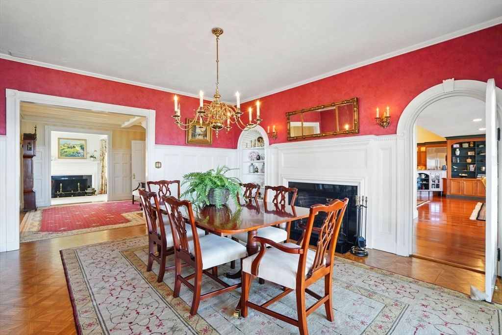 Chandelier, Dining room, Fireplace, Interior, Kitchen, Pendant Lights, Recessed Lighting, Wood Texture Flooring