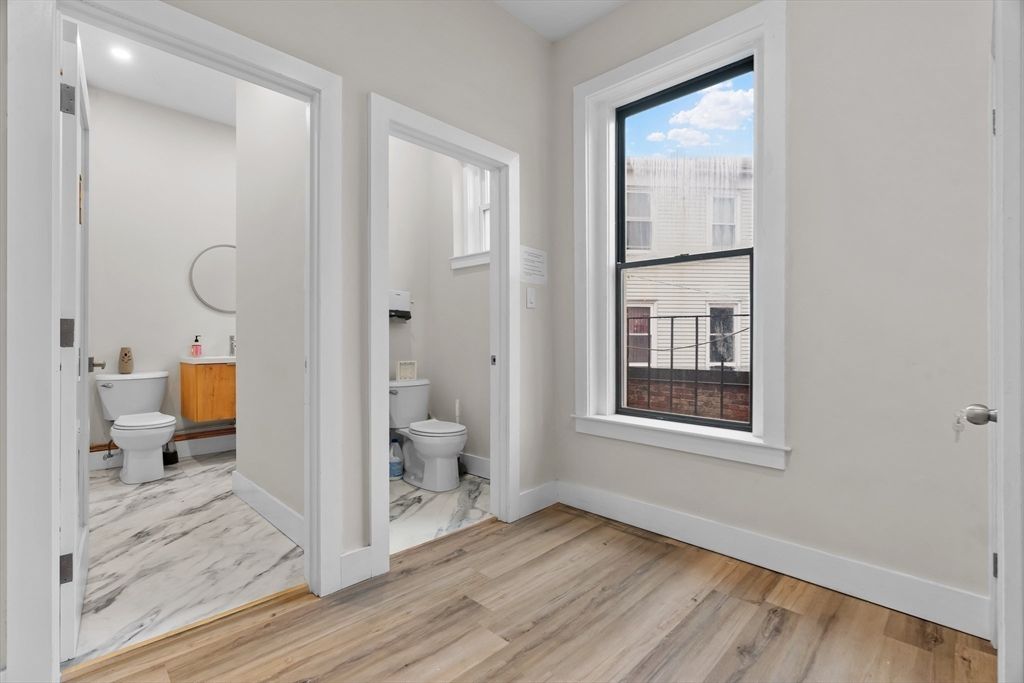 Bathroom, Interior, Marble, Recessed Lighting, Wood Texture Flooring