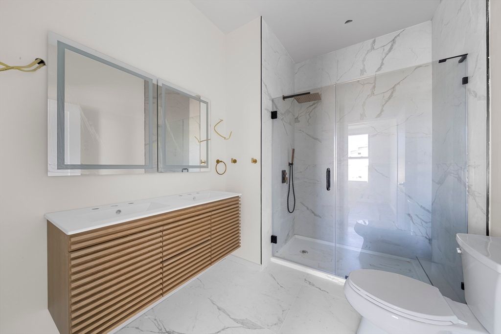 Bathroom, Glass Shower, Interior, Marble, Marble Walls, Recessed Lighting