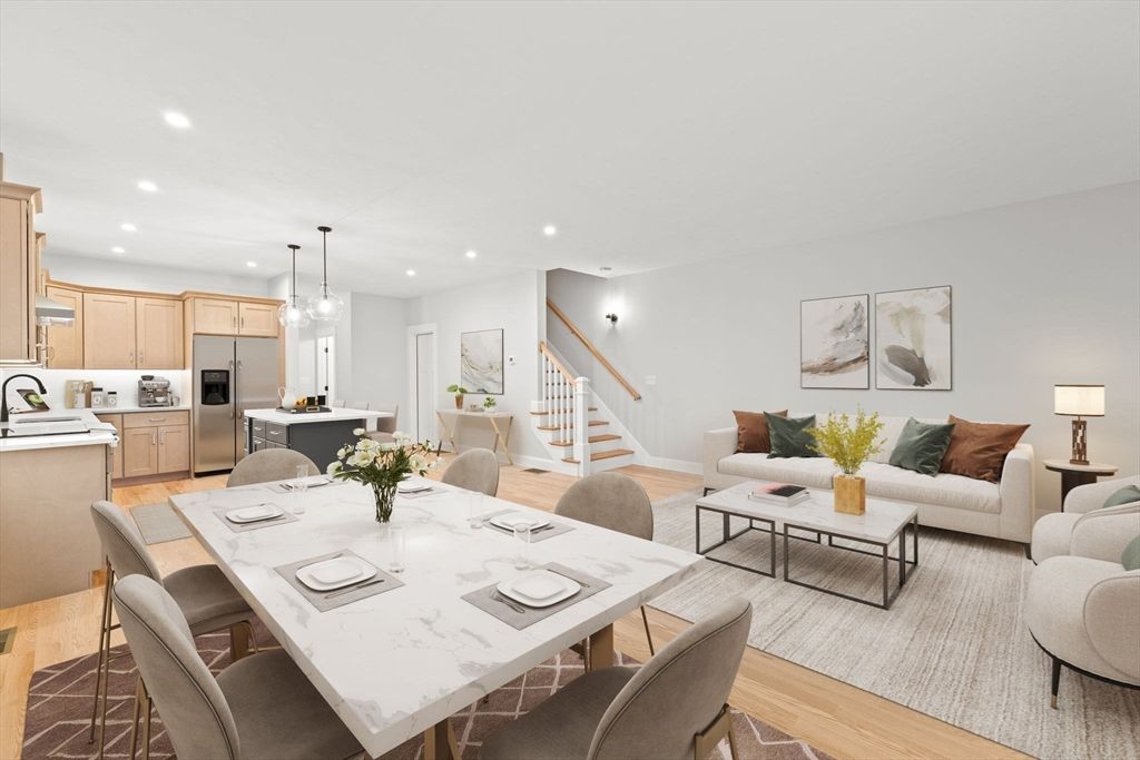 Dining room, Interior, Kitchen, Living room, Pendant Lights, Recessed Lighting, Stainless Steel Appliances, Wood Texture Flooring