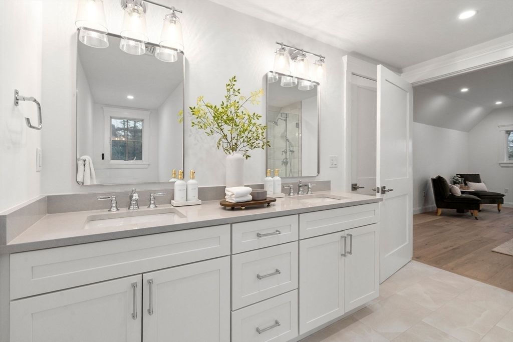 Bathroom, Dual Sink Vanities, Interior, Recessed Lighting, Wood Texture Flooring