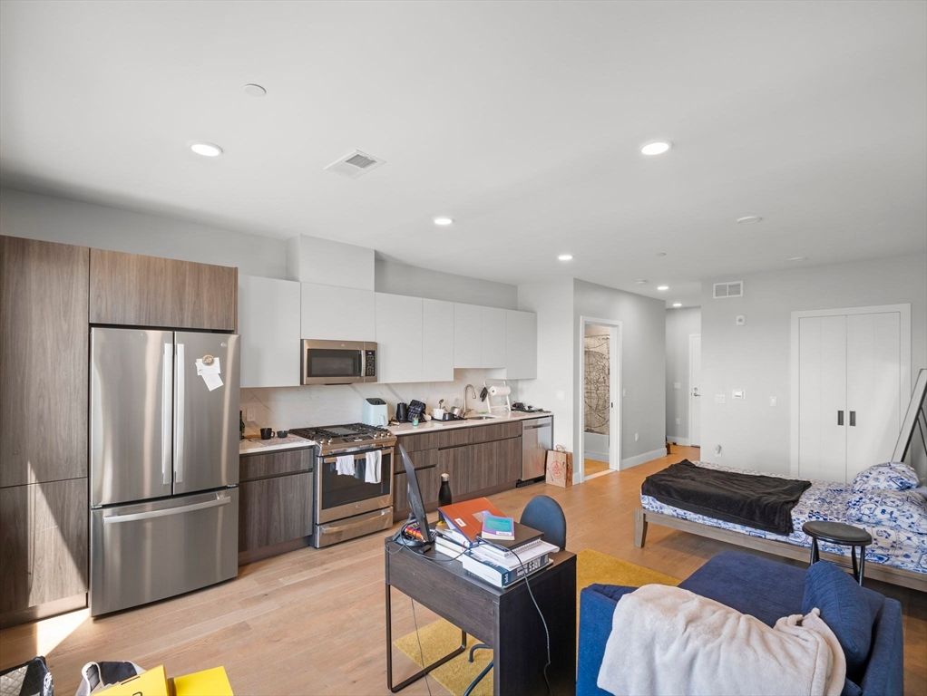 Interior, Kitchen, Living room, Recessed Lighting, Stainless Steel Appliances, Wood Texture Flooring