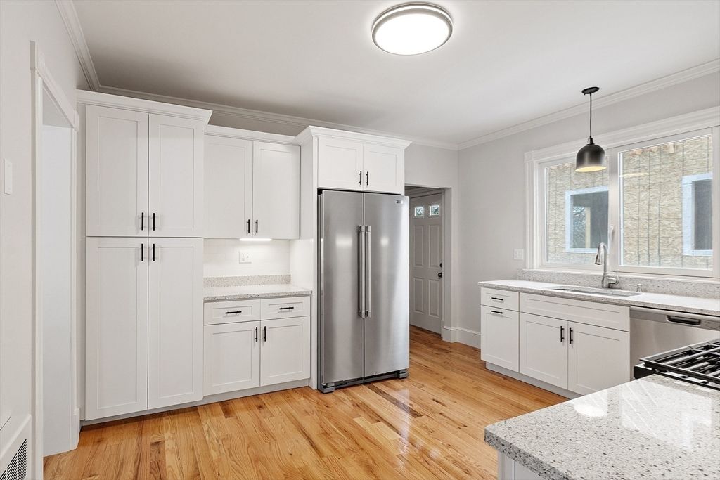 Interior, Kitchen, Pendant Lights, Stainless Steel Appliances, Wood Texture Flooring
