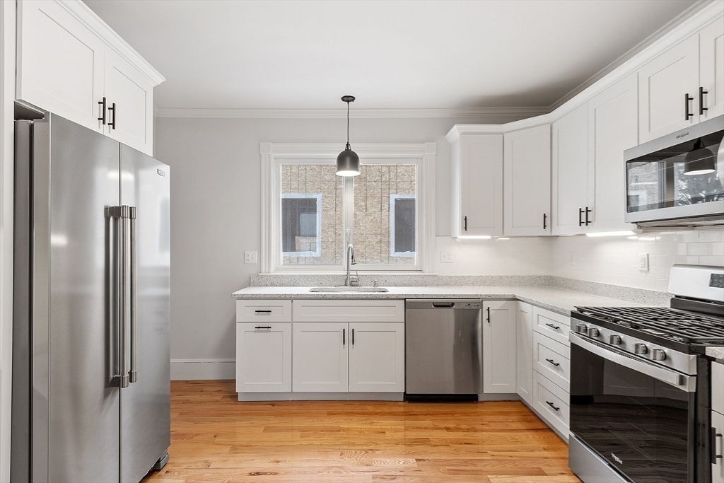 Interior, Kitchen, Pendant Lights, Stainless Steel Appliances, Wood Texture Flooring