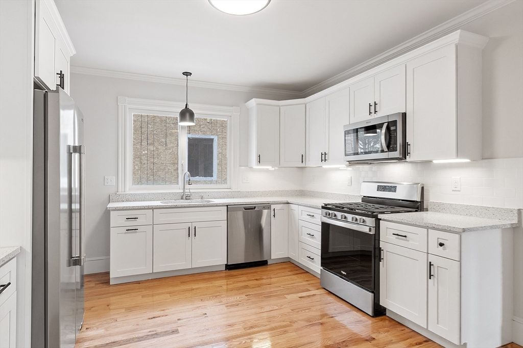 Interior, Kitchen, Pendant Lights, Stainless Steel Appliances, Wood Texture Flooring